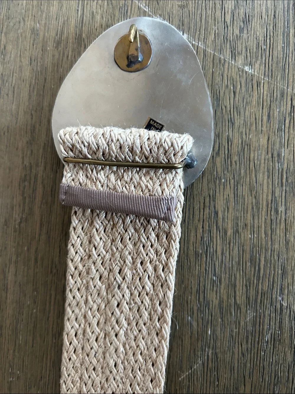 Vintage Y2K Jute Woven Belt Silver Statement Buckle W/ Mother Of Pearl Inlay.